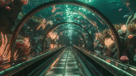 Experience the magic of an underwater tunnel surrounded by vibrant marine life and mesmerizing coral formations, creating a serene and enchanting atmosphere.の素材