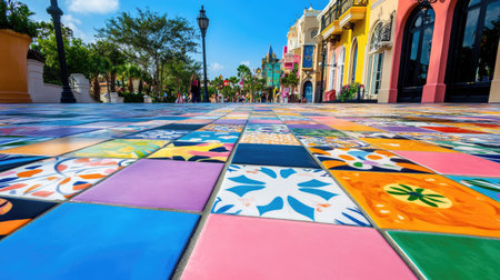This vibrant mosaic tile pathway showcases an array of colorful patterns in a lively urban setting. The cheerful scene invites exploration and leisure strolls.の素材