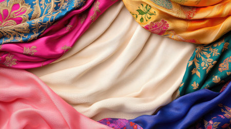A captivating arrangement of colorful textiles featuring intricate patterns and elegant drapery. Perfect for showcasing fabric beauty and texture.の素材