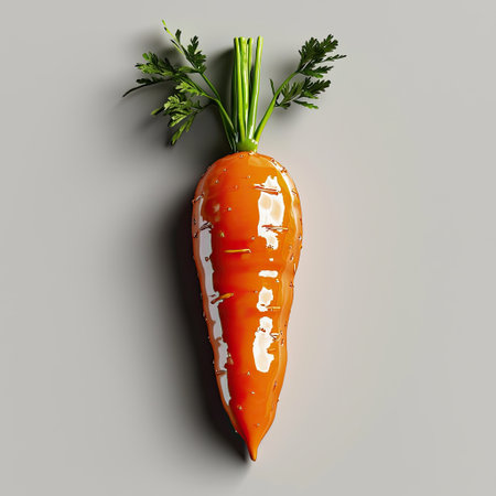 A vibrant orange carrot with fresh green leaves, showcased against a simple background, symbolizing healthy eating and nutritious cooking options. Perfect for culinary displays or health-related themes.の素材