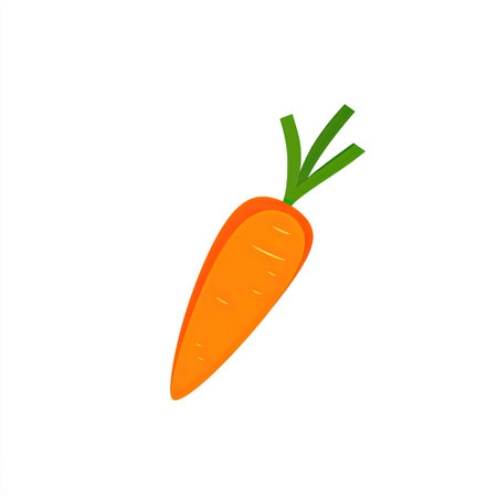 A vibrant illustration of a bright orange carrot with lush green leaves set against a simple white background, ideal for fresh food themes and nutrition concepts.の素材