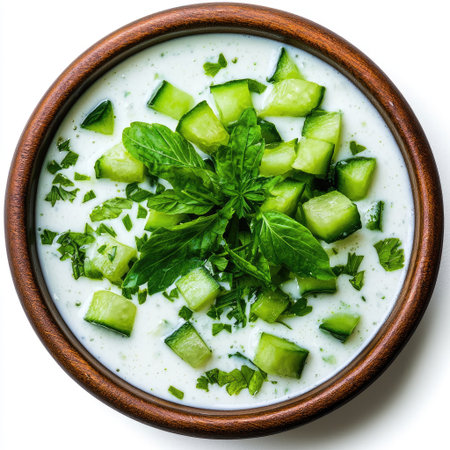 A delicious creamy cucumber yogurt dip featuring diced cucumbers and fresh mint in a rustic wooden bowl, perfect for summer gatherings or a healthy snack.の素材