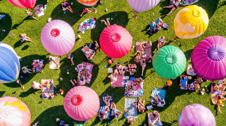 Aerial view of a vibrant picnic scene with colorful hot air balloons above, showcasing people enjoying a sunny day on green grass, creating a festive atmosphere.の素材