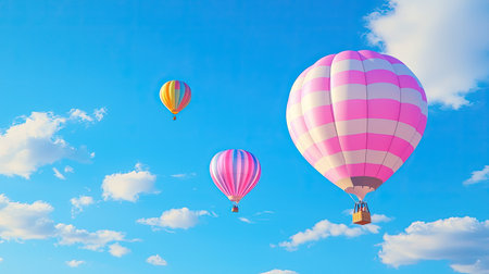 Three vibrant hot air balloons soar through a clear blue sky dotted with soft, white clouds, offering a serene and peaceful view of outdoor adventure.の素材