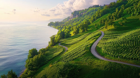 A picturesque view showcasing lush green vineyards gracefully stretching along the tranquil lakeshore, surrounded by vibrantly colored trees and hills.の素材