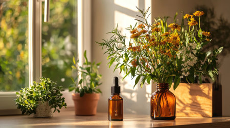 A serene and inviting scene featuring a glass bottle of herbal oil next to a bouquet of fresh flowers, bathed in soft sunlight by the window.の素材