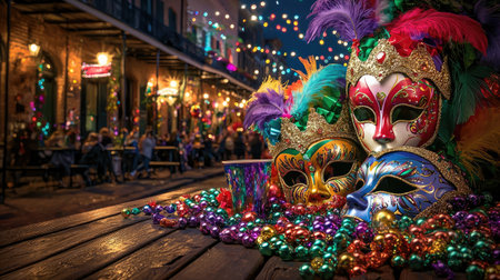 This vibrant image captures the essence of Mardi Gras in New Orleans, showcasing beautifully designed masks and colorful beads on a table, illuminated by festive lights and surrounded by a lively atmosphere.の素材