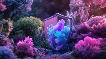 This captivating image features a vibrant coral reef protected by a transparent shield, set in a dreamlike underwater scene filled with colorful marine flora.の素材