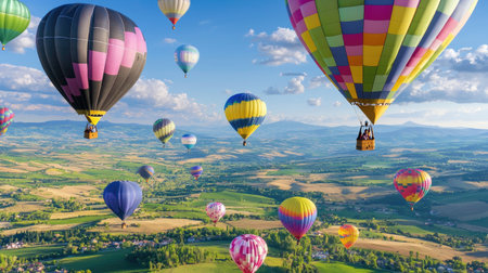 A stunning aerial view of numerous colorful hot air balloons gracefully floating above lush green hills. The bright blue sky and soft clouds enhance the vibrant scenery.の素材