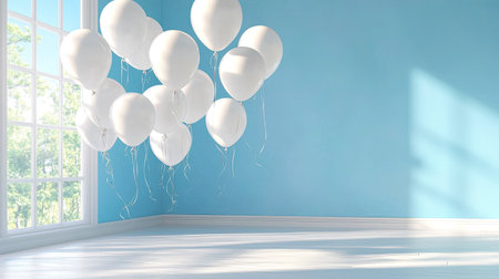 A serene composition of white balloons floating in a bright blue room, enhanced by natural light from a large window, perfect for celebrations and events.の素材