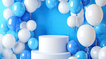 A vibrant arrangement of blue and white balloons surrounding an empty podium against a bright blue background, perfect for celebrations and events.の素材
