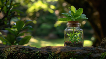 A pristine green plant emerges from a glass jar, resting on a textured wooden surface. The soft focus of the natural background enhances the serene atmosphere of growth and renewal.の素材