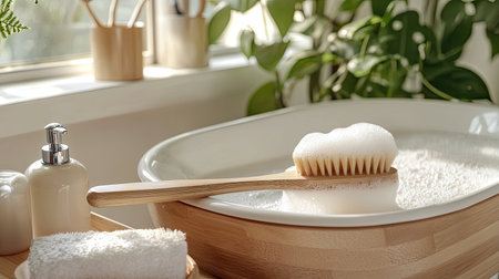 A tranquil bathroom scene featuring a wooden bowl filled with foam, a natural brush, and greenery, perfect for self-care and relaxation routines.の素材