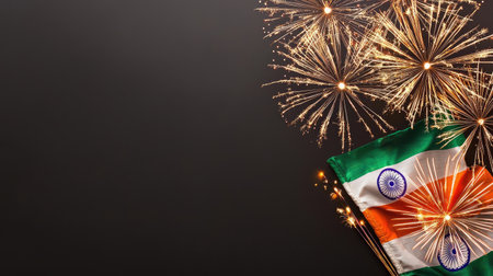 A vibrant display of colorful fireworks illuminates the dark background, highlighting the Indian flag and symbolizing national pride and celebration.の素材
