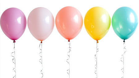 A collection of five pastel-colored balloons in pink, white, peach, yellow, and blue. Ideal for enhancing festive celebrations, parties, and joyful gatherings.の素材