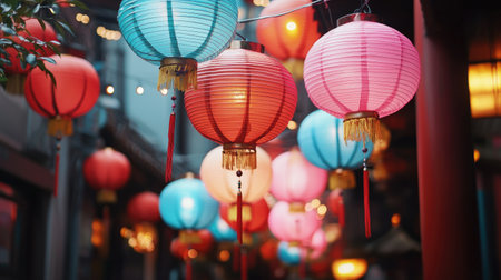 A captivating scene featuring vibrant lanterns in various colors, hanging in an atmospheric street market, evoking a festive spirit and cultural charm.の素材