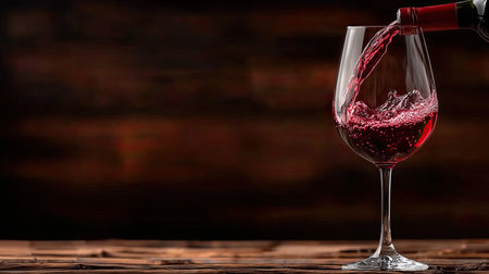 A captivating image of rich red wine being elegantly poured into a glass, capturing vibrant splashes against a charming wooden backdrop, perfect for food and beverage themes.の素材