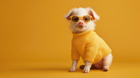 An adorable pig showcases its personality wearing stylish yellow glasses and a cozy sweater against a bright yellow backdrop, radiating pure joy.の素材