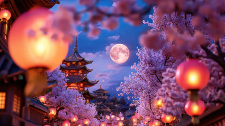 This enchanting image captures a serene night scene featuring vibrant cherry blossoms and glowing lanterns, illuminated by a full moon over traditional architecture.の素材