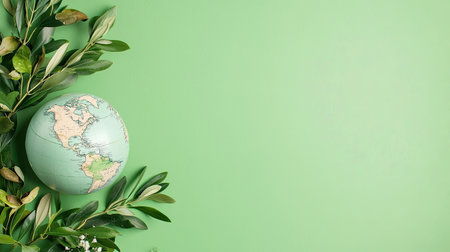 A serene composition featuring a globe and fresh green leaves against a soft green background, symbolizing global awareness and nature conservation.の素材