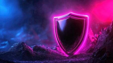 This image features a striking illuminated shield design, enhanced with vibrant neon light effects. The dark background creates a dramatic atmosphere, suitable for digital art and security themes.の素材