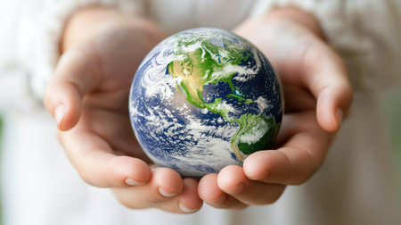Beautiful hands gently cradle a small globe, symbolizing care for the earth and the importance of sustainable living. A perfect representation of humanity's role in protecting the environment.の素材