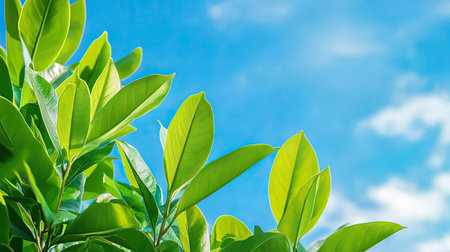 This photo showcases vibrant green leaves reaching toward a bright blue sky, accented by soft white clouds, embodying the essence of nature and tranquility.の素材