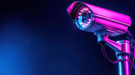A high-definition surveillance camera features vibrant neon lighting against a dark backdrop, symbolizing advanced security technology and modern safety solutions.の素材