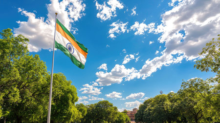 A stunning view of the Indian national flag fluttering against a backdrop of bright blue sky and fluffy white clouds amidst lush green trees.の素材