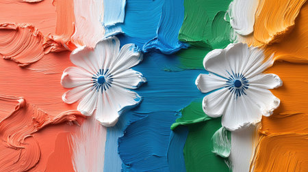 This stunning artwork features a colorful paint texture background, adorned with two beautifully crafted white flowers, showcasing creativity and vibrancy.の素材