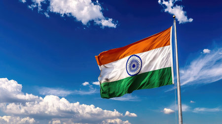 The Indian national flag elegantly waves against a serene blue sky adorned with fluffy clouds. This vibrant display embodies the spirit of unity and pride.の素材
