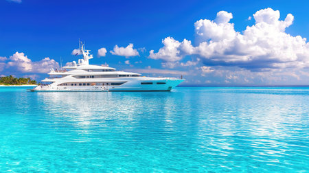 A stunning luxury yacht anchored peacefully in clear blue waters, surrounded by fluffy clouds and a picturesque tropical backdrop, perfect for vacations.の素材