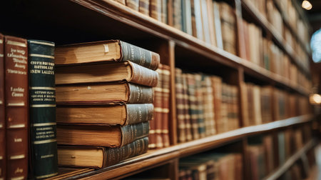 A captivating image of vintage books stacked on wooden shelves in a historical library, showcasing the beauty of old leather covers and intricate gold detailing.の素材