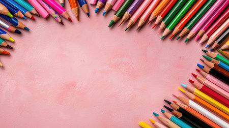 A stunning display of colorful crayons and colored pencils arranged neatly on a soft pink background, ideal for artistic projects and creative endeavors.の素材