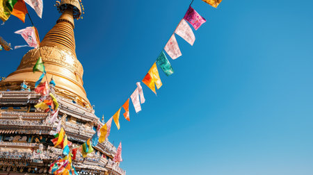 A beautiful golden pagoda surrounded by colorful prayer flags fluttering in the breeze under a vibrant blue sky, evoking a sense of peace and spirituality.の素材