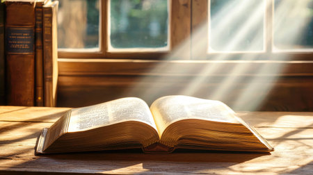 An inviting scene featuring an open book resting on a wooden table, with sunlight streaming through the window, creating a serene and warm atmosphere.の素材