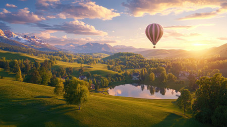 A breathtaking scene featuring a colorful hot air balloon rising above a tranquil lake at sunset, surrounded by lush green valleys and mountains.の素材