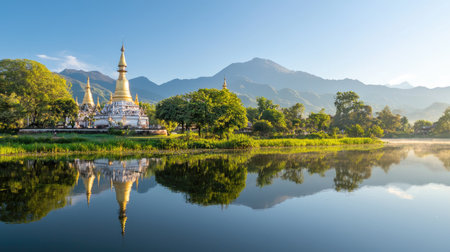 A stunning view showcasing majestic golden pagodas reflected in calm waters, framed by lush green mountains and a soft morning sky, evokes tranquility and beauty.の素材