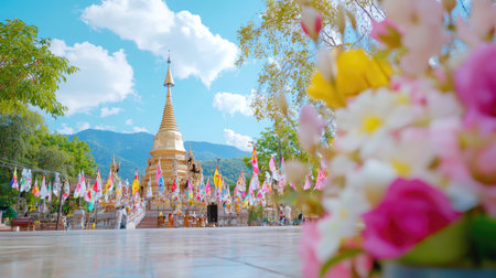 A stunning view of a golden spired temple surrounded by colorful flowers in the foreground, enhancing the serene atmosphere under a bright blue sky.の素材