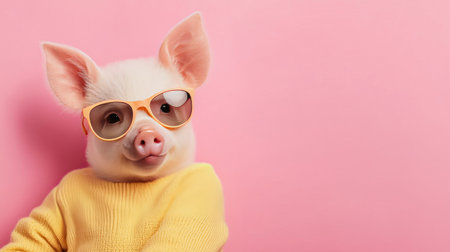 This playful image features an adorable pig adorned with stylish sunglasses and a cozy yellow sweater, set against a vibrant pink background.の素材