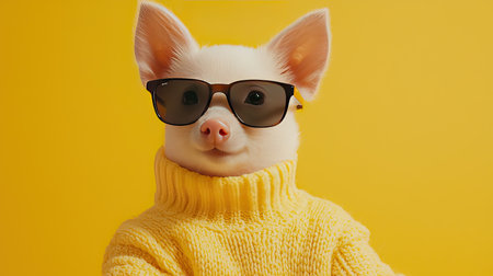 This charming portrait features a cute pig wearing stylish sunglasses and a cozy yellow sweater against a bright yellow backdrop, radiating fun and joy.の素材