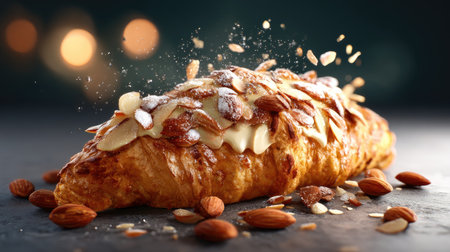 A beautiful almond croissant topped with slivers of almonds, dusted with sugar, and filled with creamy goodness. Perfect for dessert or breakfast!の素材