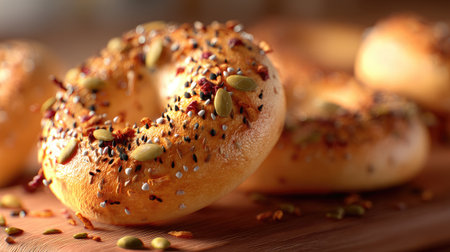 Delight in the charm of freshly baked bagels topped with an array of flavorful seeds and spices, presenting an inviting breakfast option.の素材