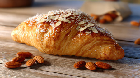 This image showcases a flaky pastry topped with sliced almonds and sparkling sugar crystals, resting on a rustic wooden table, perfect for gourmet moments.の素材