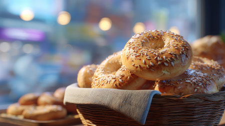 A delightful composition featuring freshly baked bagels in a rustic basket, set against a vibrant city background. The warm golden texture showcases the inviting aroma, making it an ideal visual for culinary enthusiasts.の素材