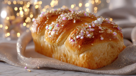 A delightful artisan sweet bread loaf adorned with colorful sprinkles, ideal for festive occasions and a treat for baking lovers. The soft texture and golden crust elevate any dessert table.の素材