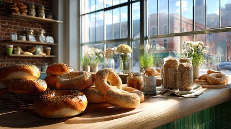 A warm and inviting scene featuring freshly baked bagels on a rustic wooden countertop with soft natural light streaming through the window.の素材