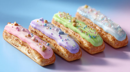 A vibrant assortment of decorative pastry treats featuring colorful icing and sprinkles on a soft gradient background, perfect for celebrations.の素材