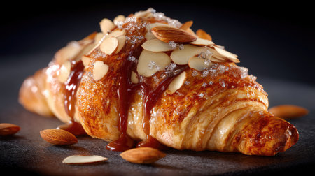 A beautifully presented almond croissant topped with caramel drizzle and sliced almonds, showcasing a golden, flaky texture perfect for dessert or breakfast.の素材