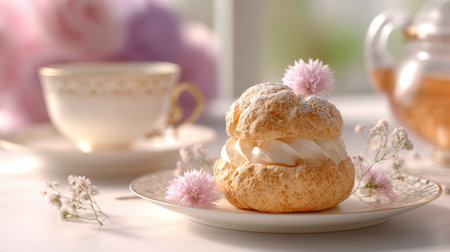 A beautifully styled cream puff sits on an elegant plate, surrounded by delicate flowers, with a cup of tea in the background, creating a serene atmosphere.の素材